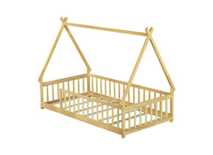 Twin Tent-shaped Floor Bed,Teepee Bed with Guardrails,Slats,Natural