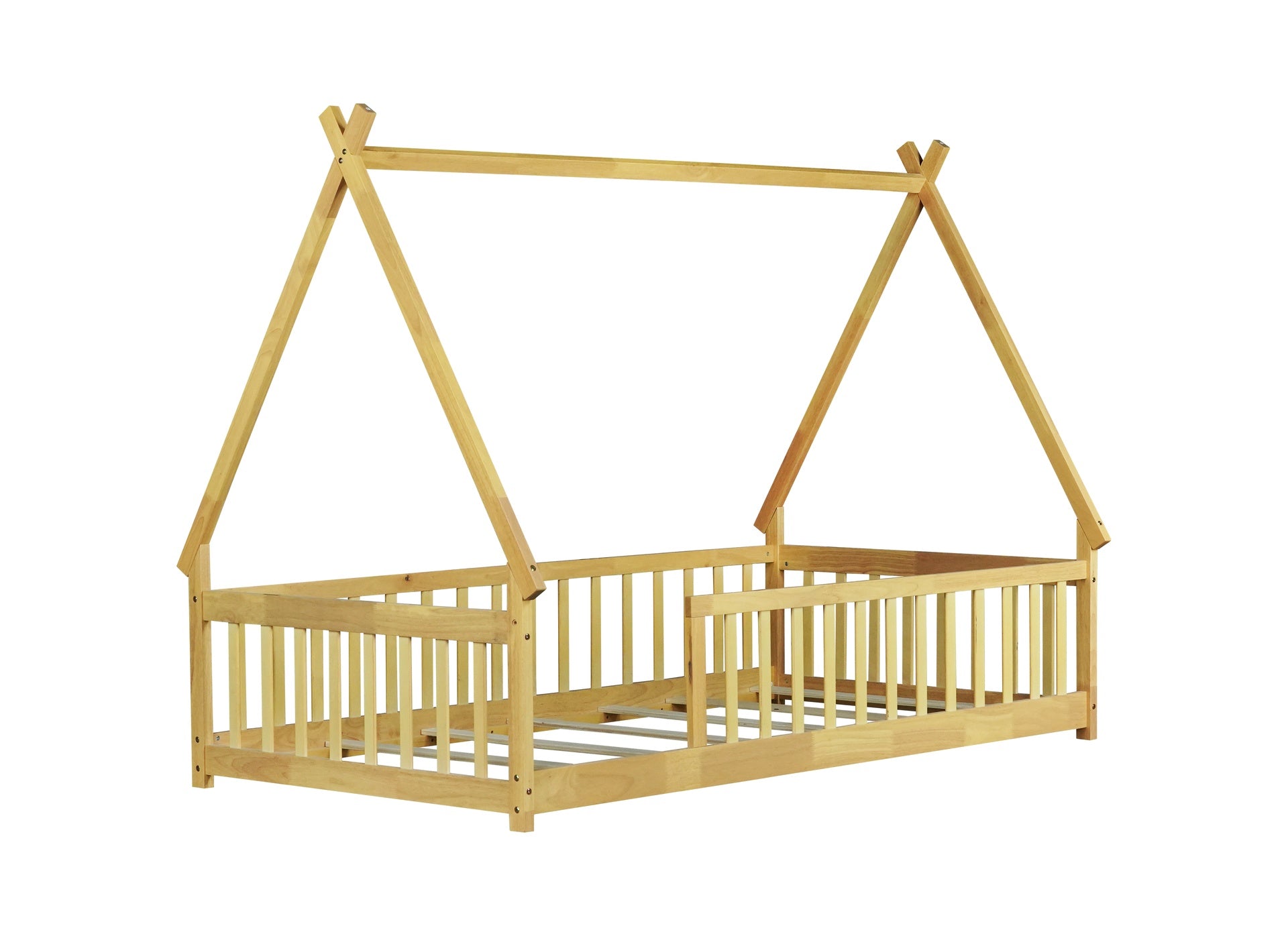 Twin Tent-shaped Floor Bed,Teepee Bed with Guardrails,Slats,Natural
