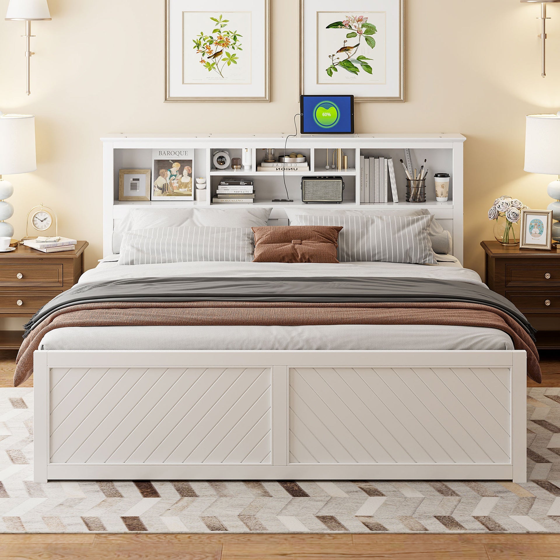 King Size Wood Platform Bed with Multi-storage Headboard, USB and Drawers, White