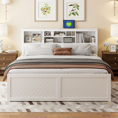 King Size Wood Platform Bed with Multi-storage Headboard, USB and Drawers, White
