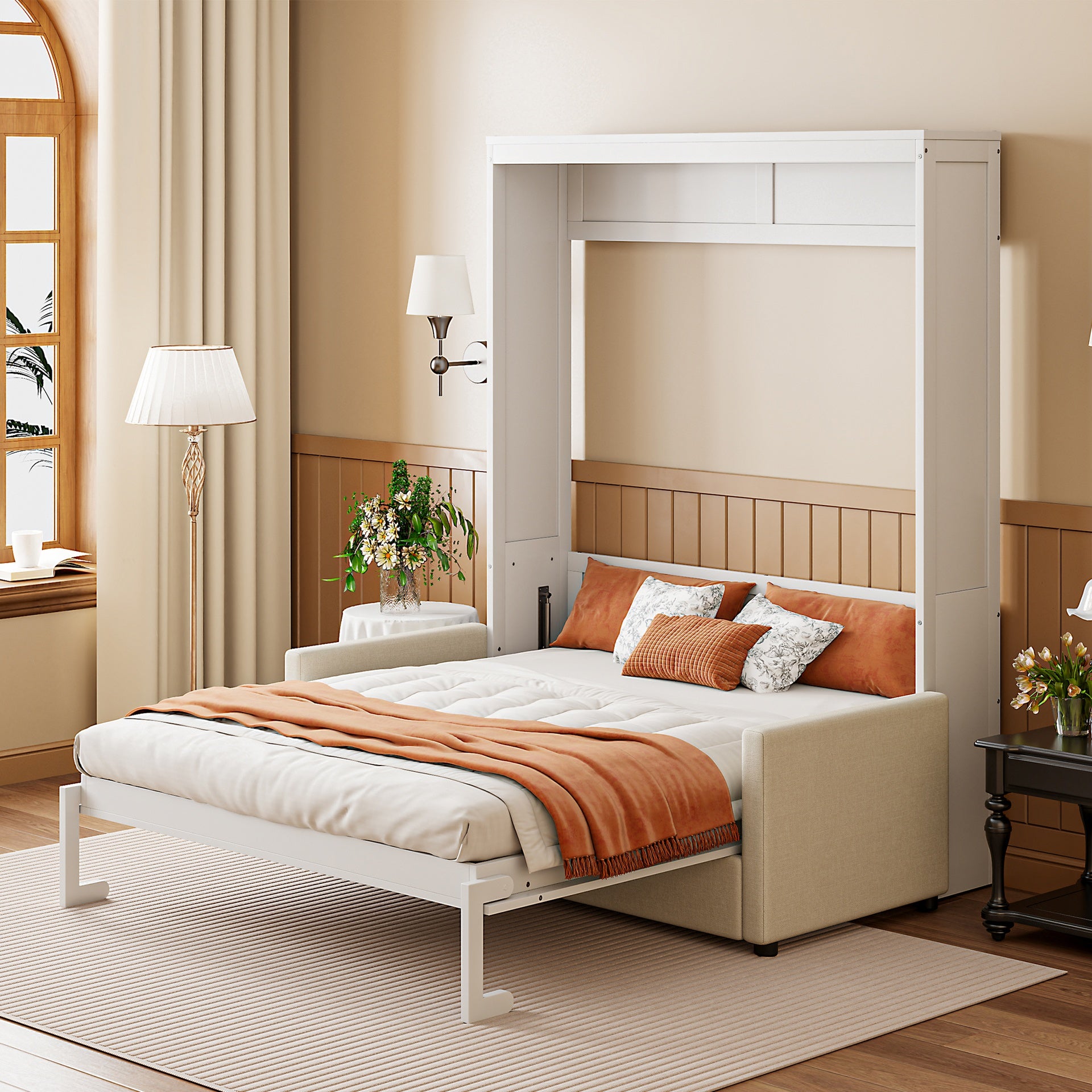 Full Size Murphy Bed Wall Bed with Cushion,White