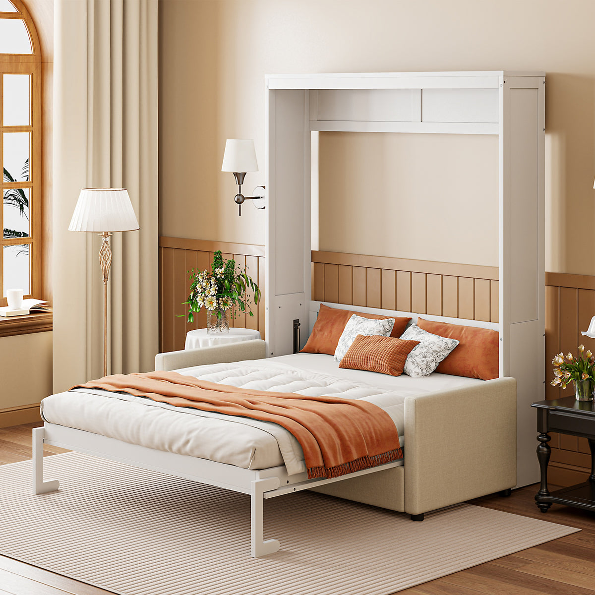 Full Size Murphy Bed Wall Bed with Cushion,White