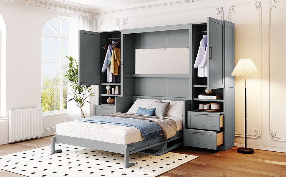 Full Size Murphy Bed Wall Bed with Closet ,Drawers and Shelves, Gray
