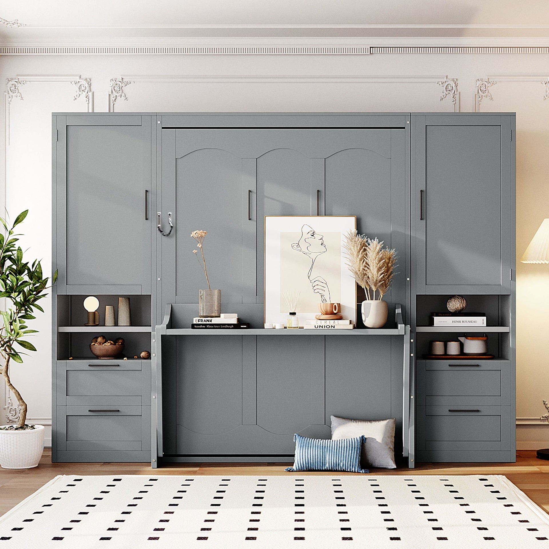 Full Size Murphy Bed Wall Bed with Closet ,Drawers and Shelves, Gray