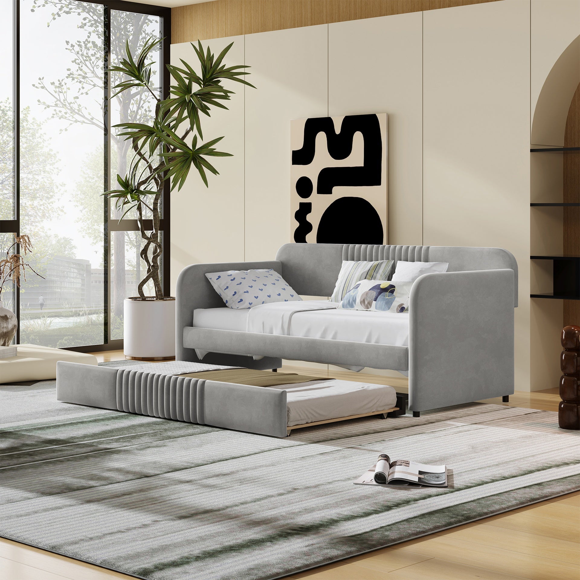 Upholstered Daybed Sofa Bed Twin Size With Trundle Bed and Wood Slat ,Gray