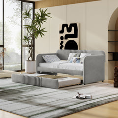 Upholstered Daybed Sofa Bed Twin Size With Trundle Bed and Wood Slat ,Gray