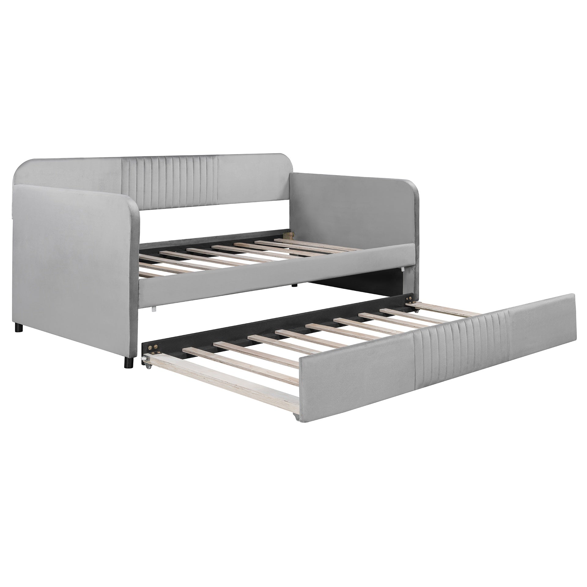 Upholstered Daybed Sofa Bed Twin Size With Trundle Bed and Wood Slat ,Gray