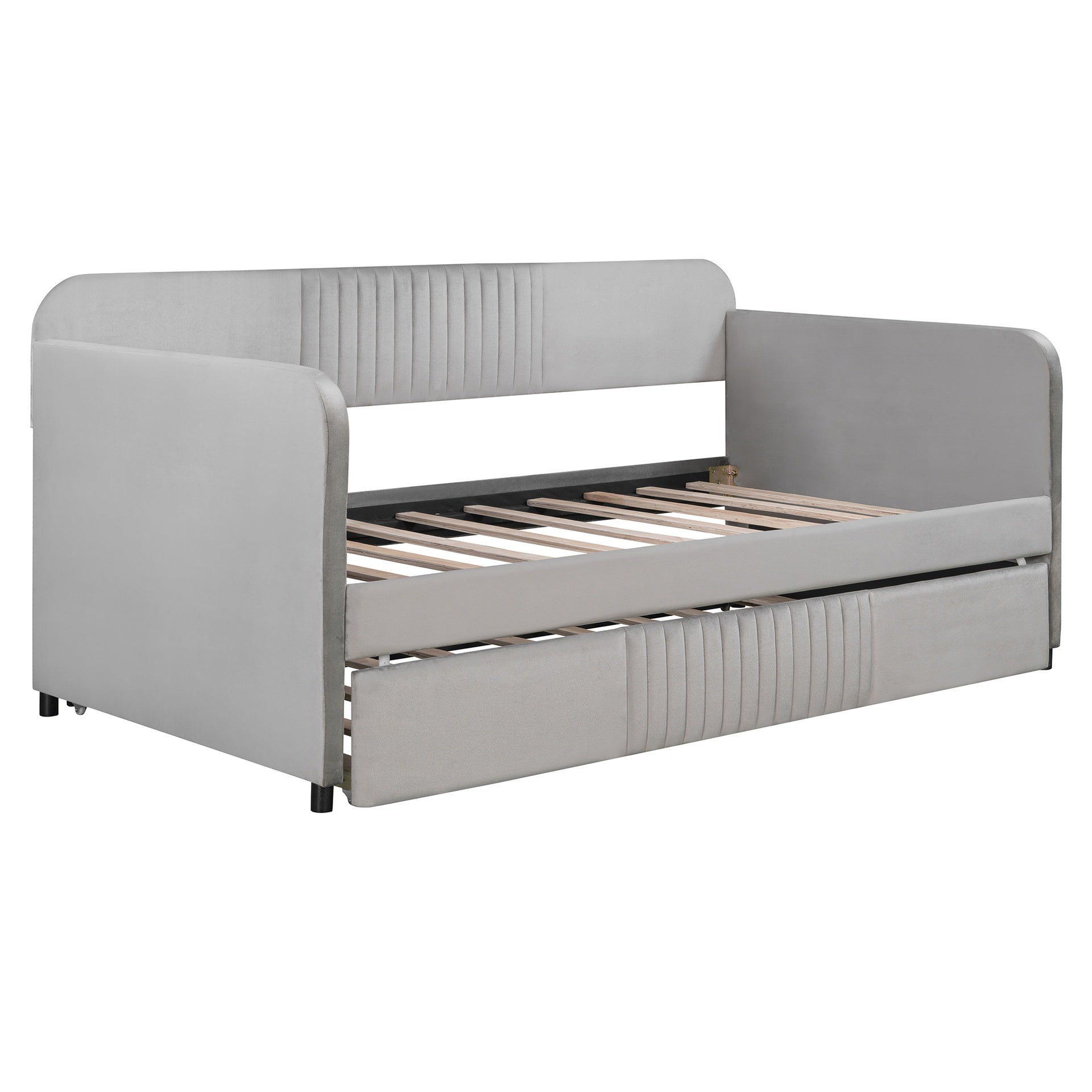 Upholstered Daybed Sofa Bed Twin Size With Trundle Bed and Wood Slat ,Gray