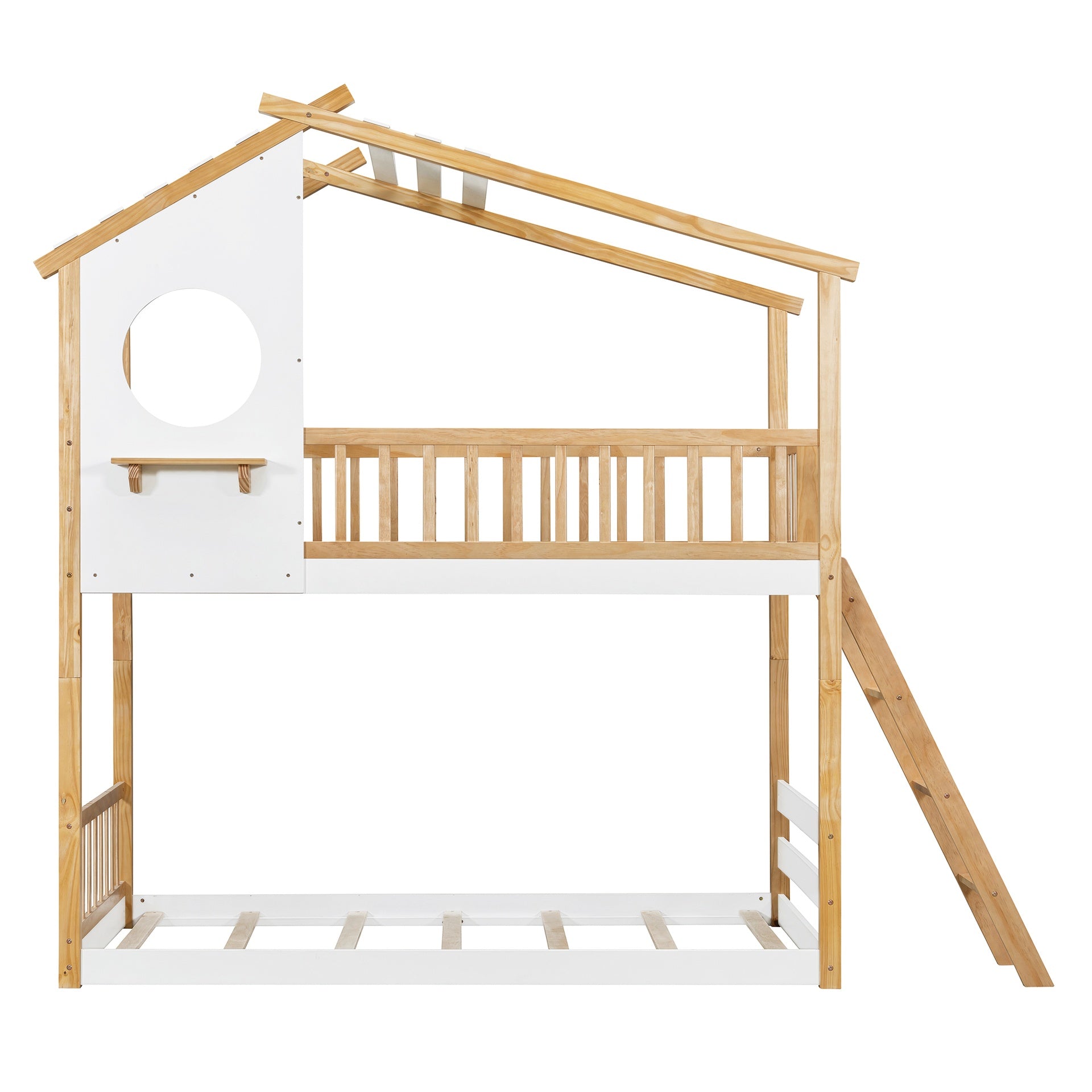 Twin Over Twin Bunk Bed Wood Bed with Roof, Window, Ladder,Natural(OLD SKU :LT100008AAN-2)