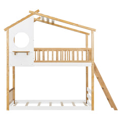 Twin Over Twin Bunk Bed Wood Bed with Roof, Window, Ladder,Natural(OLD SKU :LT100008AAN-2)