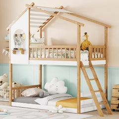 Twin Over Twin Bunk Bed Wood Bed with Roof, Window, Ladder,Natural(OLD SKU :LT100008AAN-2)