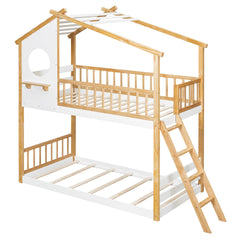 Twin Over Twin Bunk Bed Wood Bed with Roof, Window, Ladder,Natural(OLD SKU :LT100008AAN-2)