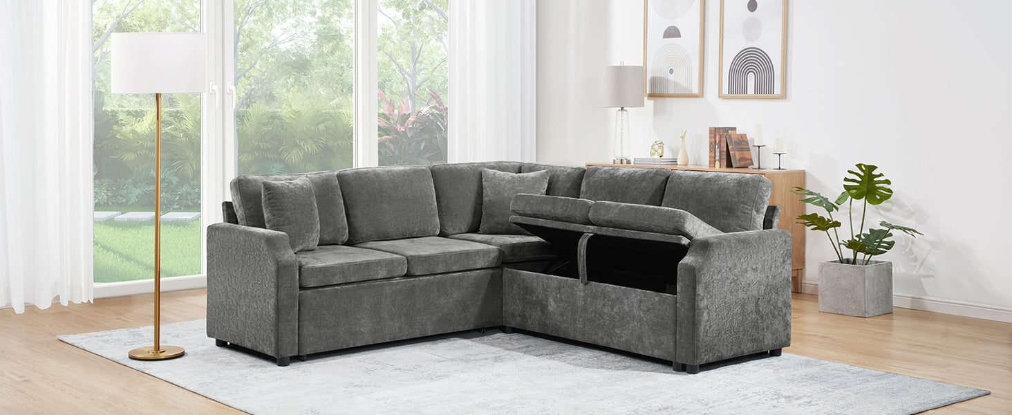 Sectional Sofa Bed L-shaped Sectional 81.9" Upholstered L-shaped Sofa with a Sofa Sleeper and a Hidden Storage Compartment for Living Room, Gray