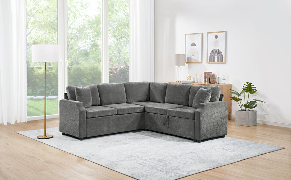 Sectional Sofa Bed L-shaped Sectional 81.9" Upholstered L-shaped Sofa with a Sofa Sleeper and a Hidden Storage Compartment for Living Room, Gray