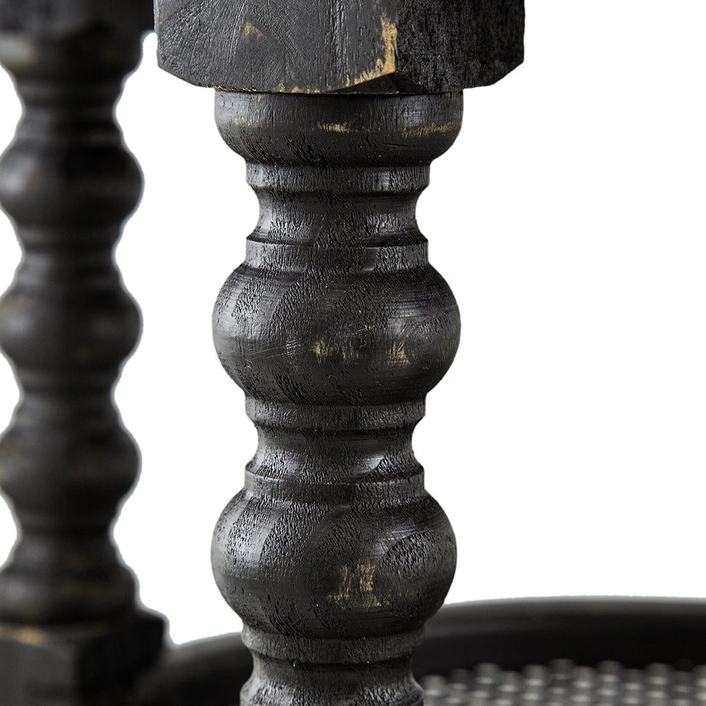 D23.5 x 25" Round Three Tiered Side Table with Rattan Shelf, Black
