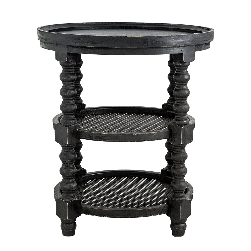 D23.5 x 25" Round Three Tiered Side Table with Rattan Shelf, Black