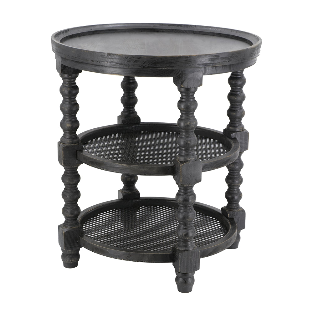 D23.5 x 25" Round Three Tiered Side Table with Rattan Shelf, Black