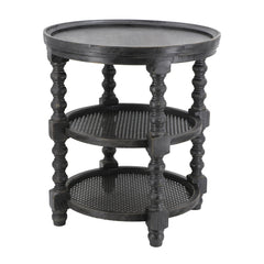 D23.5 x 25" Round Three Tiered Side Table with Rattan Shelf, Black