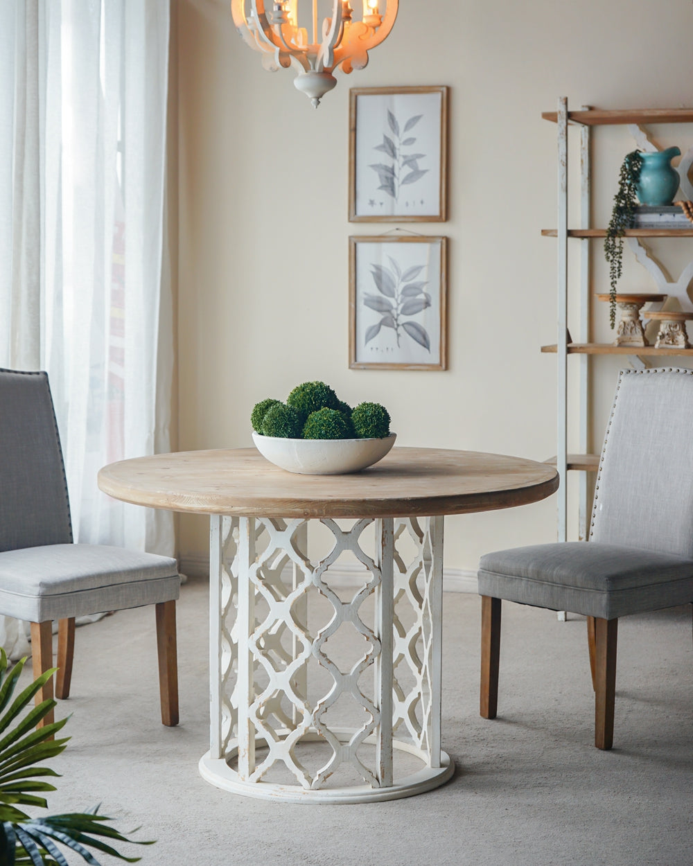 47x47x31" Round Wooden Dining Table with Ornate Cut-Out Base, Brown/White