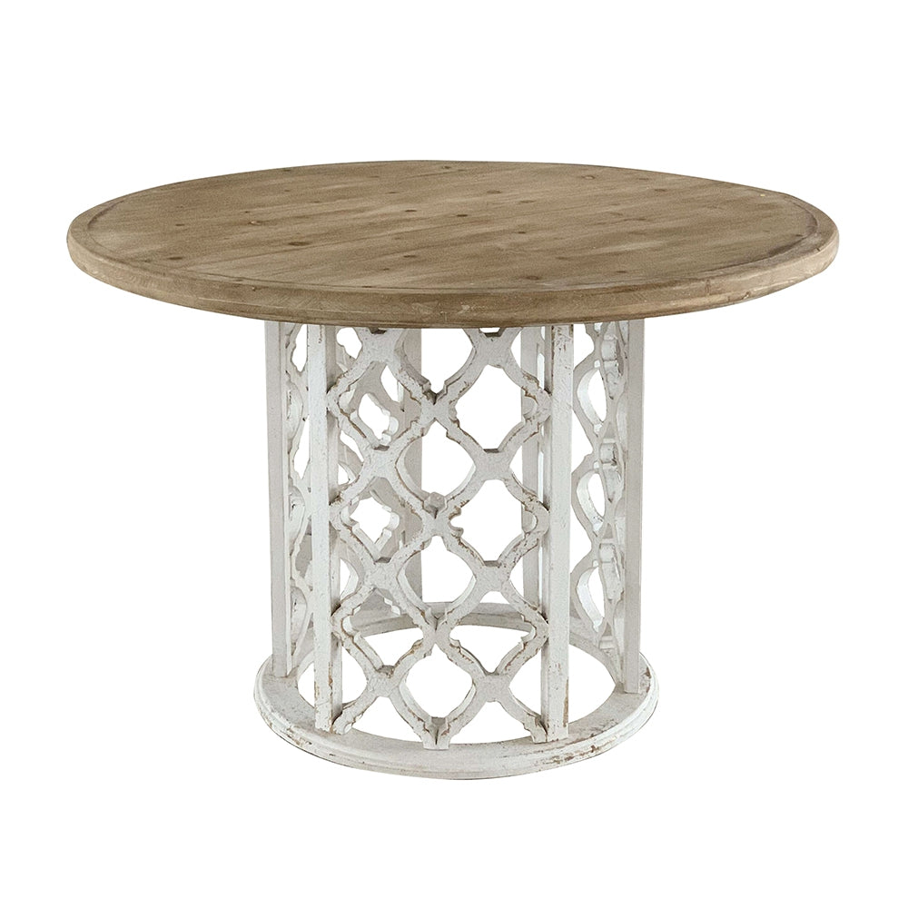47x47x31" Round Wooden Dining Table with Ornate Cut-Out Base, Brown/White