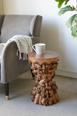 11.8x11.8x18.9" Brown Mulberry and Paulownia Wood Accent Table with Organic Tree Root Base