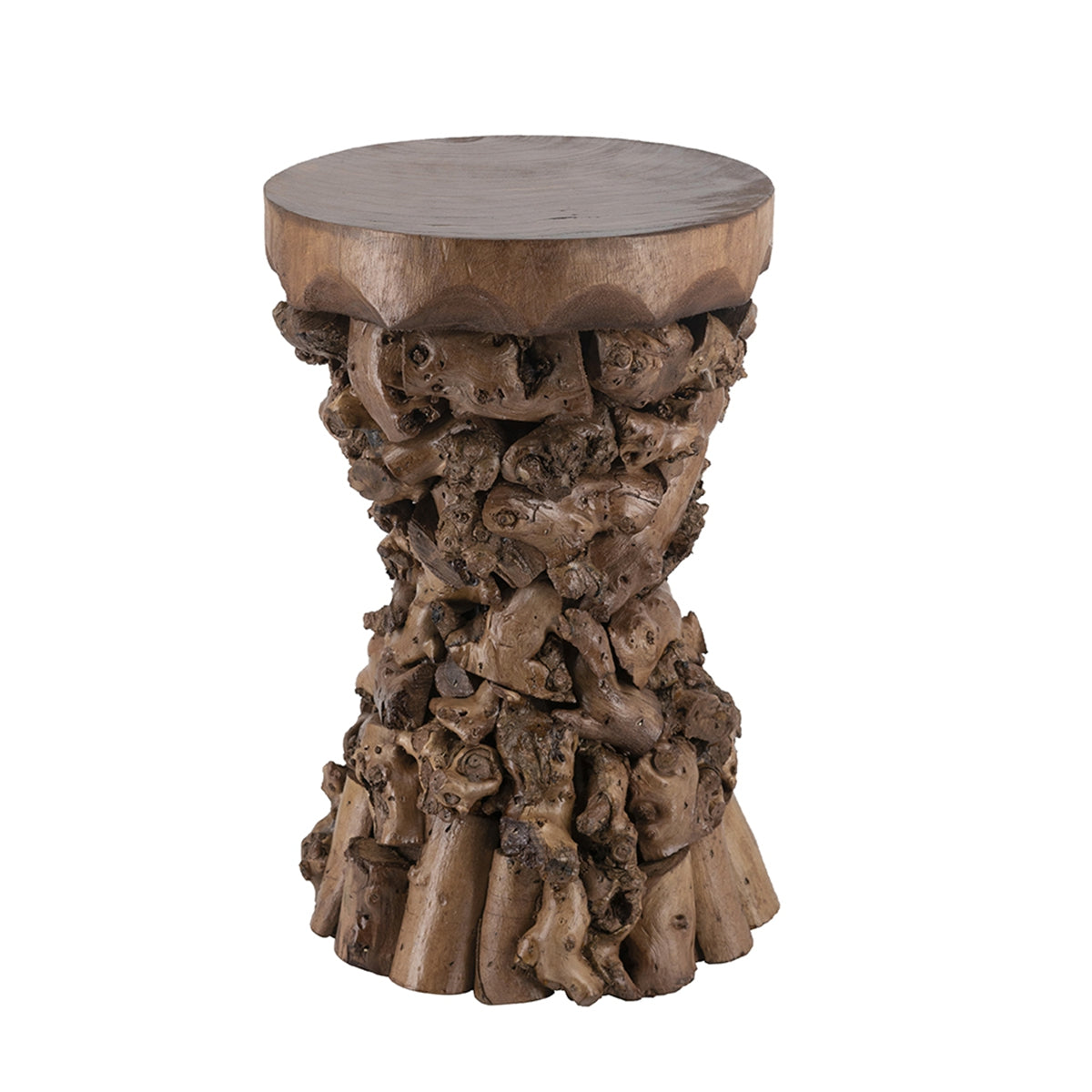 11.8x11.8x18.9" Brown Mulberry and Paulownia Wood Accent Table with Organic Tree Root Base