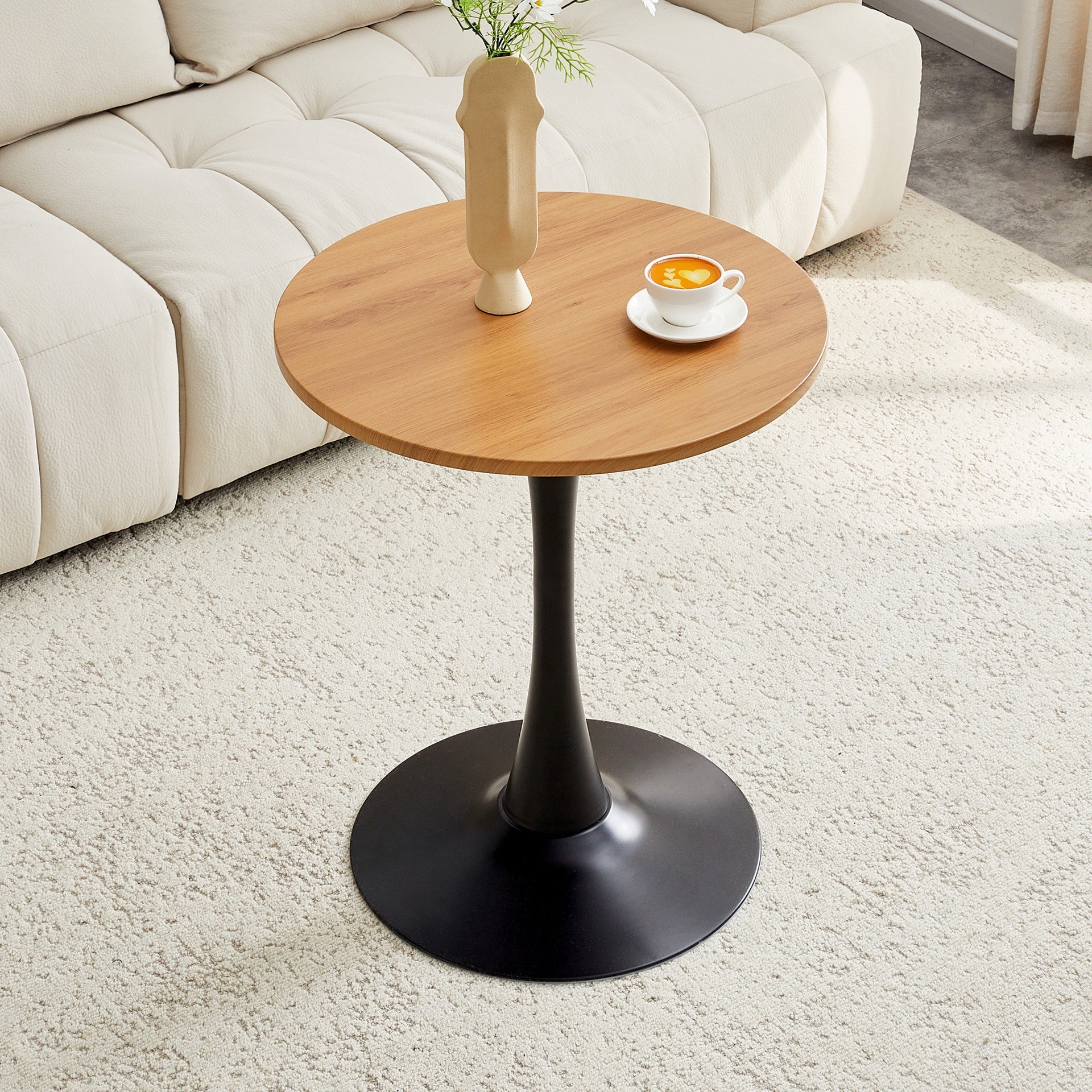 Round Dining Table, 23.6" Circle Tulip Table with Thickened Tabletop & Metal Pedestal, Mid Century Modern Bistro Table for Kitchen, Small Places, Living Room, Cafe (Faux Wood)