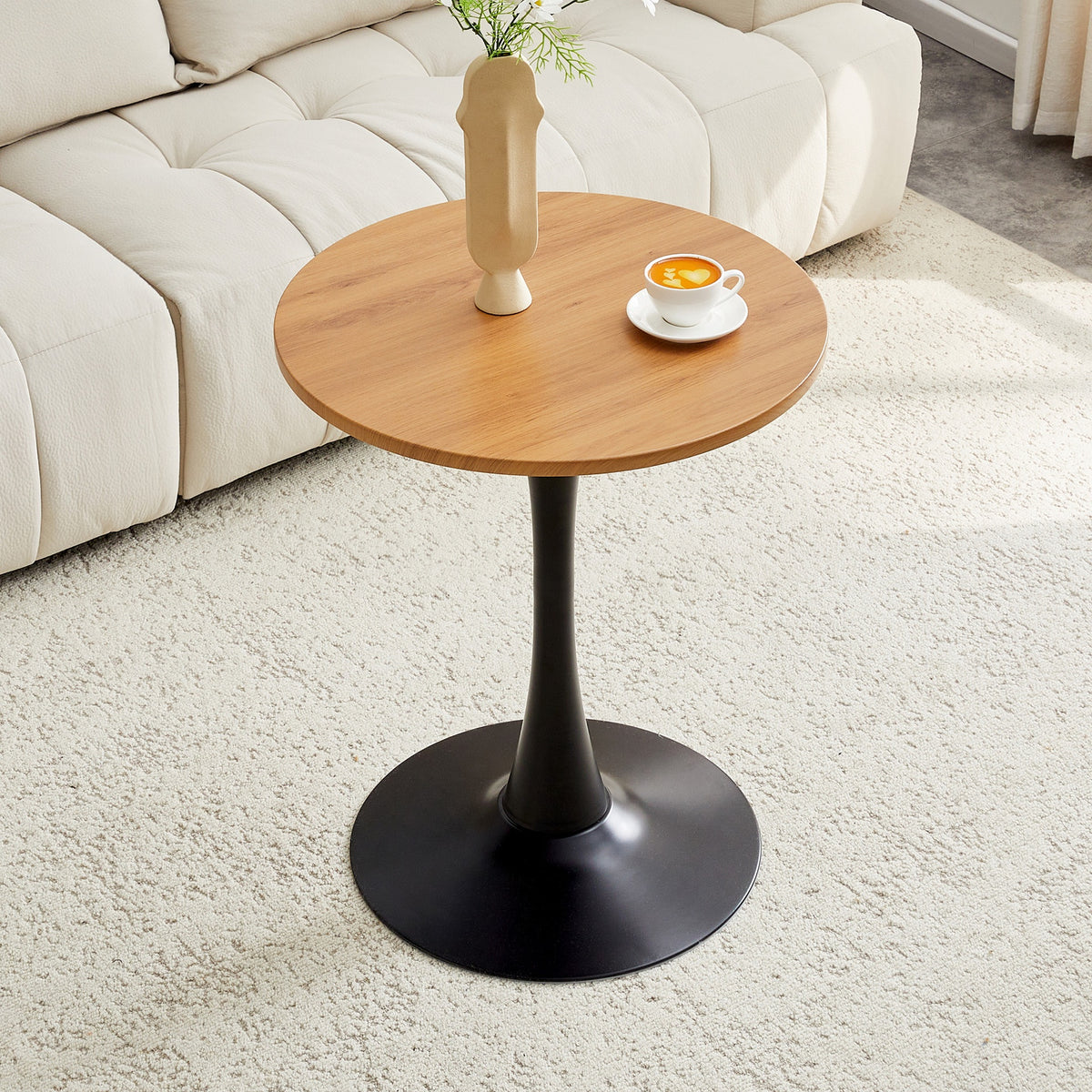 Round Dining Table, 23.6" Circle Tulip Table with Thickened Tabletop & Metal Pedestal, Mid Century Modern Bistro Table for Kitchen, Small Places, Living Room, Cafe (Faux Wood)