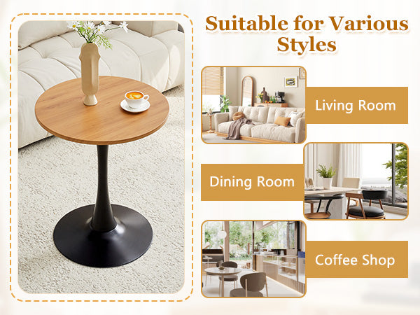 Round Dining Table, 23.6" Circle Tulip Table with Thickened Tabletop & Metal Pedestal, Mid Century Modern Bistro Table for Kitchen, Small Places, Living Room, Cafe (Faux Wood)
