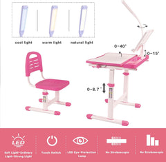 Desk for Kids Desk and Chair Set Kids Art Desk Drafting Table Desk Set with Adjustable Height, 40-Degree Tiltable Children Desktop, LED Light,Bookstand,Blue