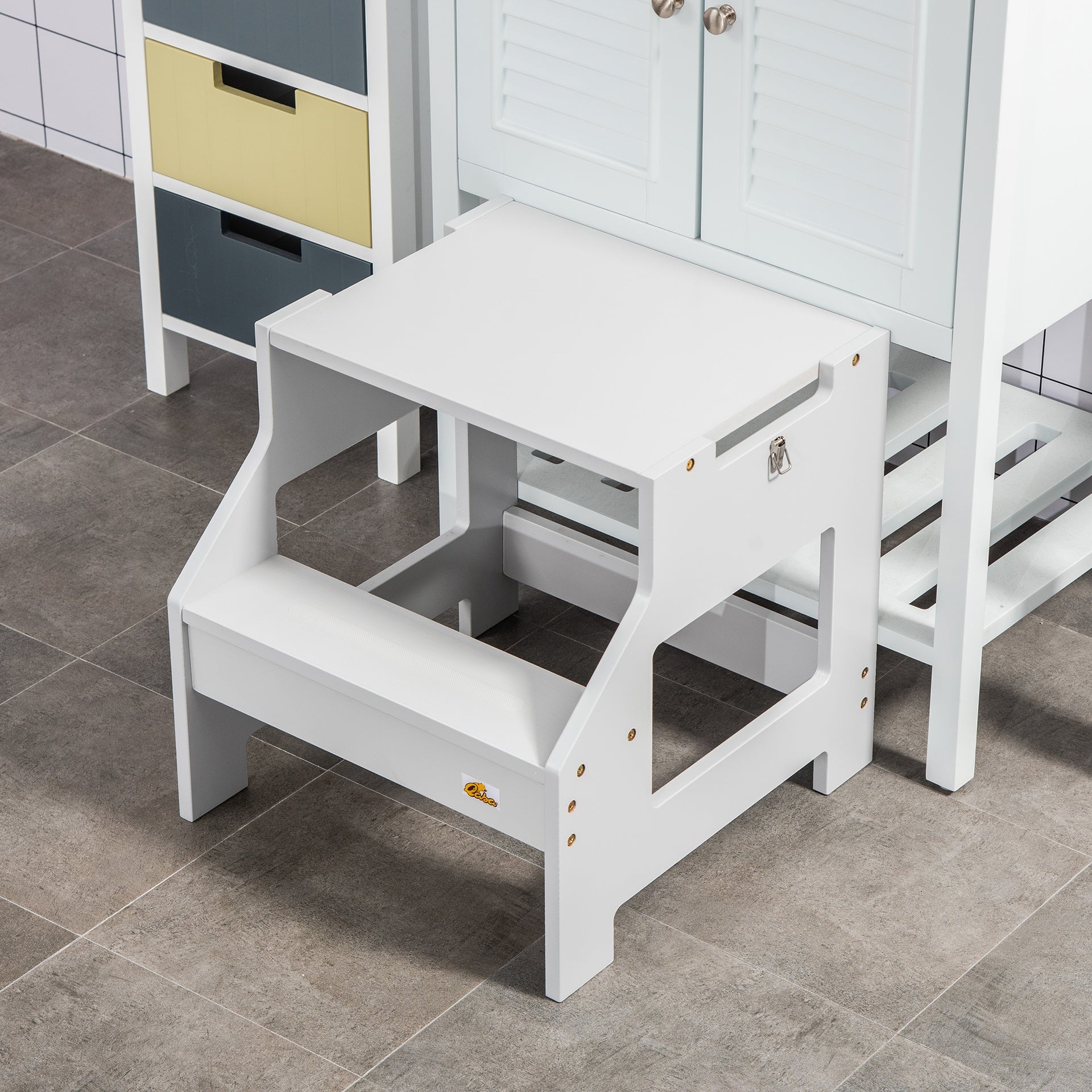 Qaba Kids Kitchen Step Stool, 2 in 1 Kitchen Table Set Toddler Standing Tower with Chalkboard, Safety Rail for Kitchen, Bathroom, Bedroom, Gray