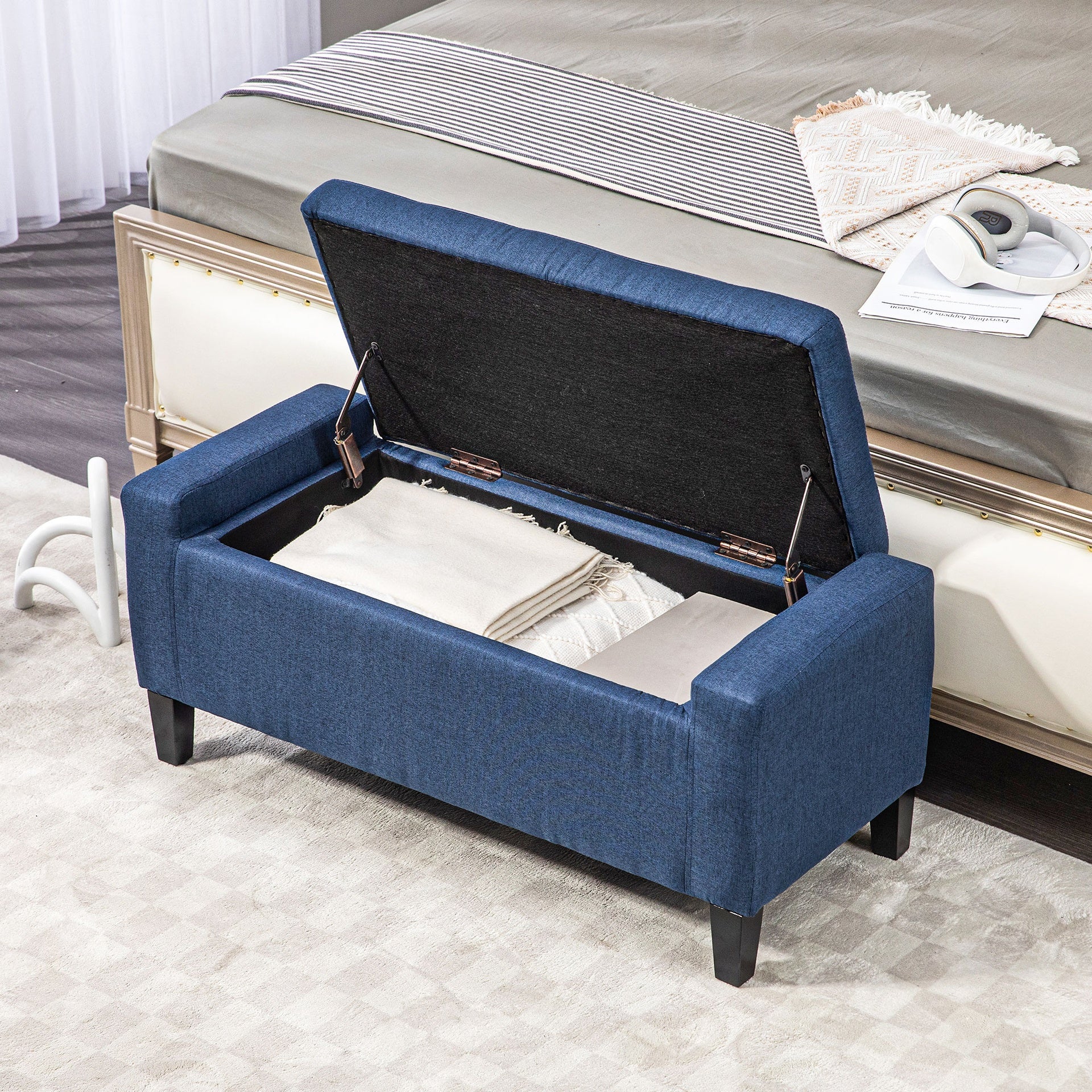 HOMCOM Storage Ottoman, Linen Upholstered Storage Bench with Lift Top and Button Tufted for Living Room, Dark Blue