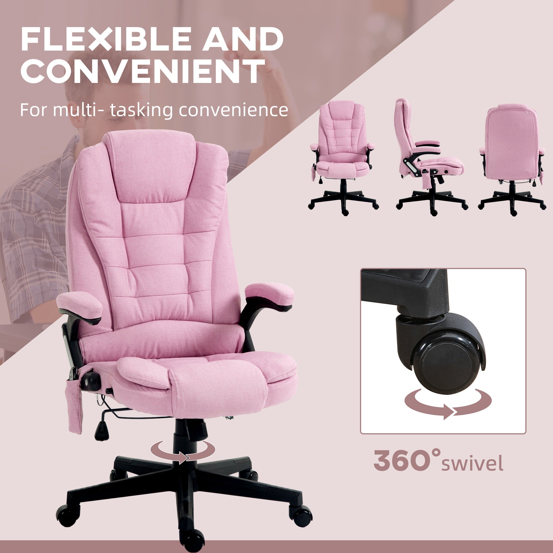 HOMCOM 6 Point Vibrating Massage Office Chair with Heat, Linen High Back Executive Office Chair with Reclining Backrest, Padded Armrests and Remote, Pink