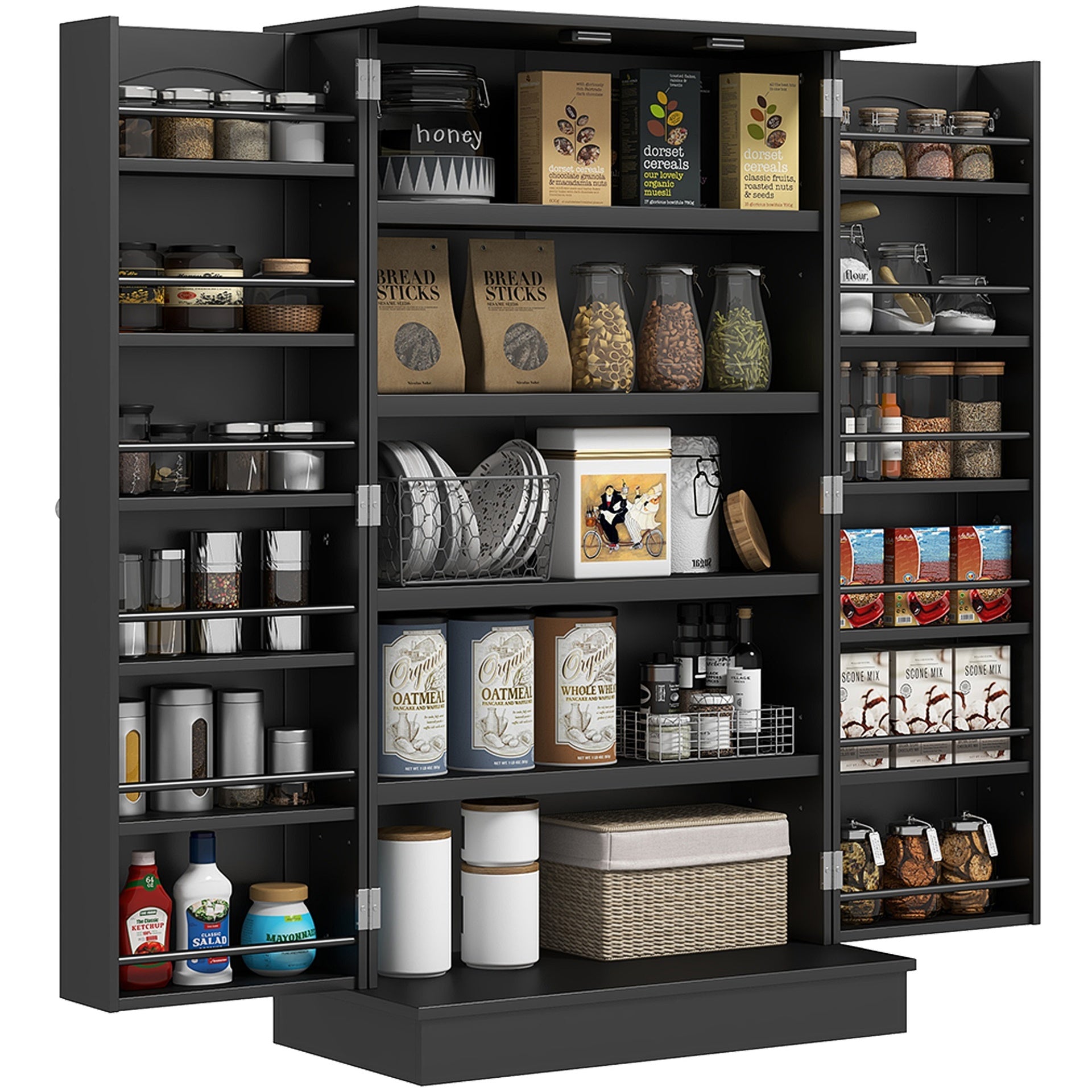 HOMCOM 41" Kitchen Pantry Storage Cabinet, Freestanding Kitchen Cabinet with 12 Door Shelves, Double Doors, 5-tier Shelving and Adjustable Shelves, Black