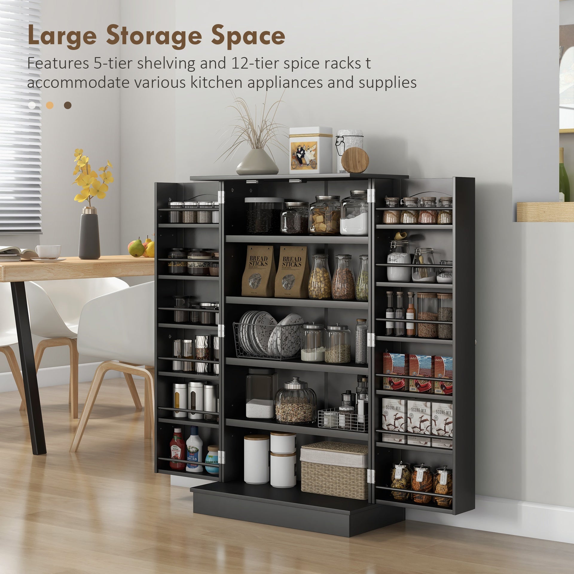 HOMCOM 41" Kitchen Pantry Storage Cabinet, Freestanding Kitchen Cabinet with 12 Door Shelves, Double Doors, 5-tier Shelving and Adjustable Shelves, Black