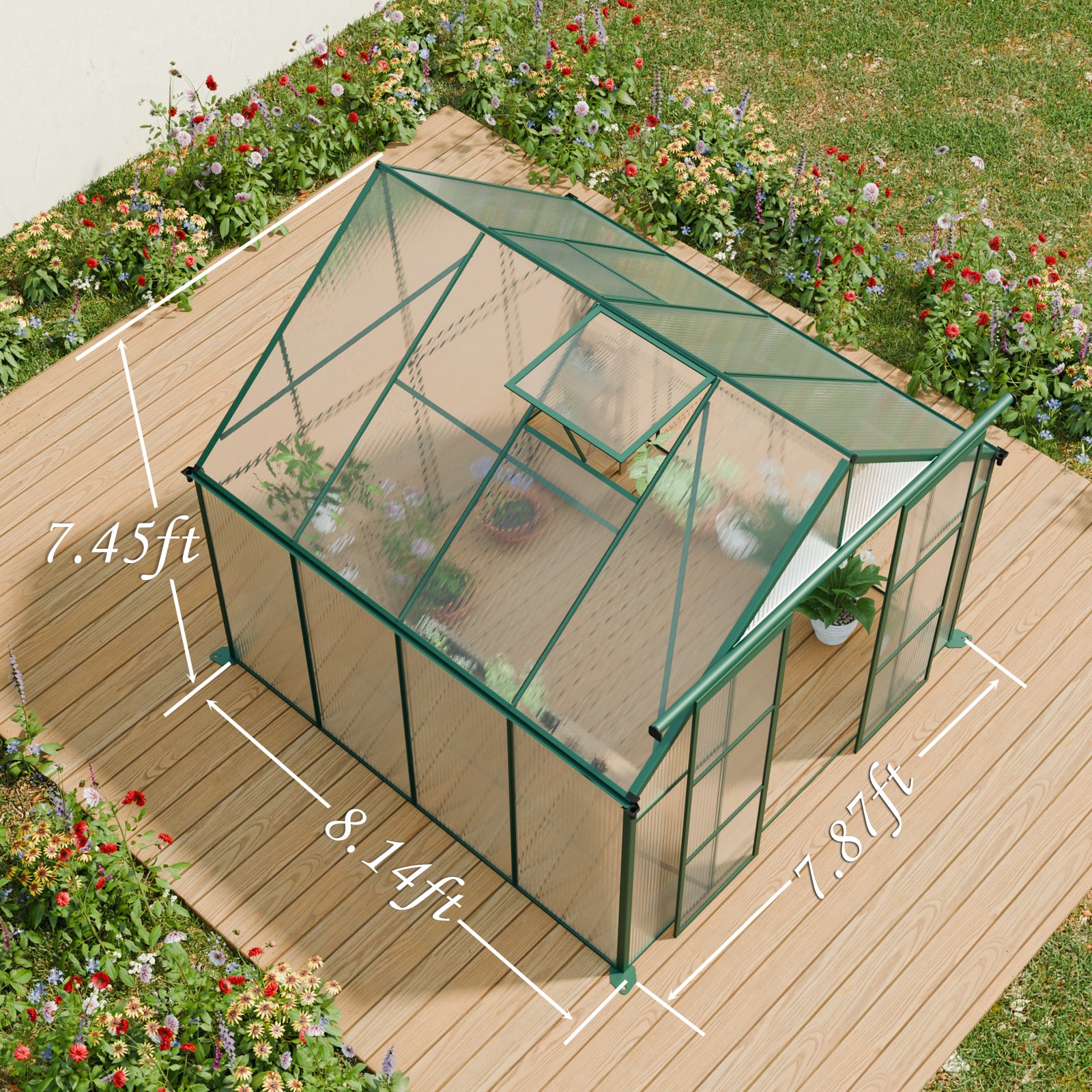 8x8 FT Double Door Polycarbonate Greenhouse Raised Base and Anchor Aluminum Heavy Duty Walk-in Greenhouses for Outdoor Backyard in All Season,Green