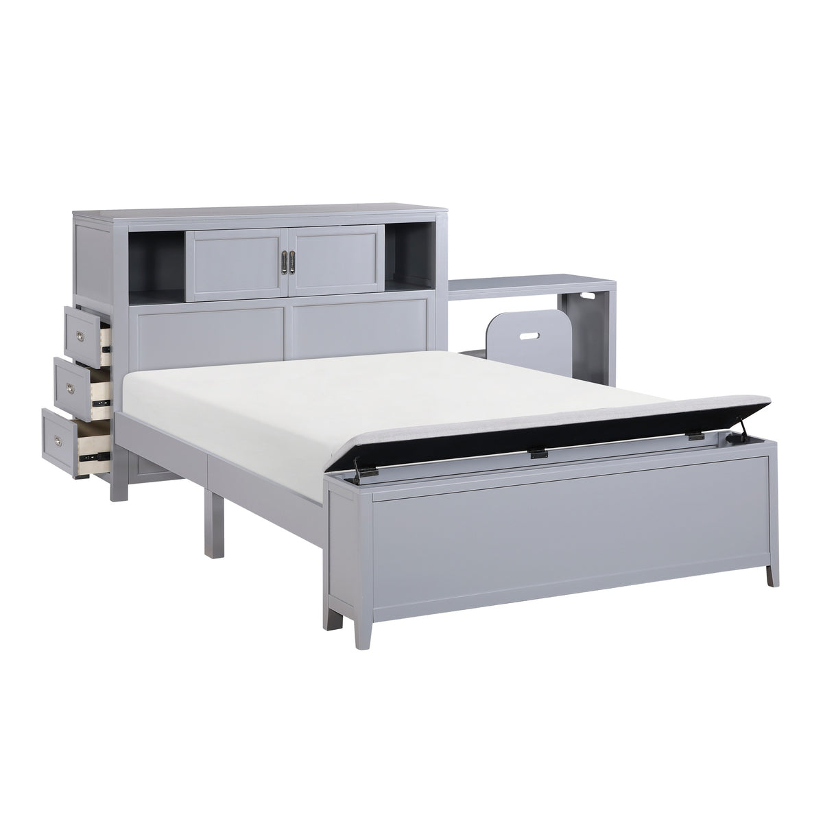 Gray Finish Full Platform Bed with Bookcase Headboard Drawers Hidden Desk Stool Footboard Storage Bench Bedroom Furniture 1pc
