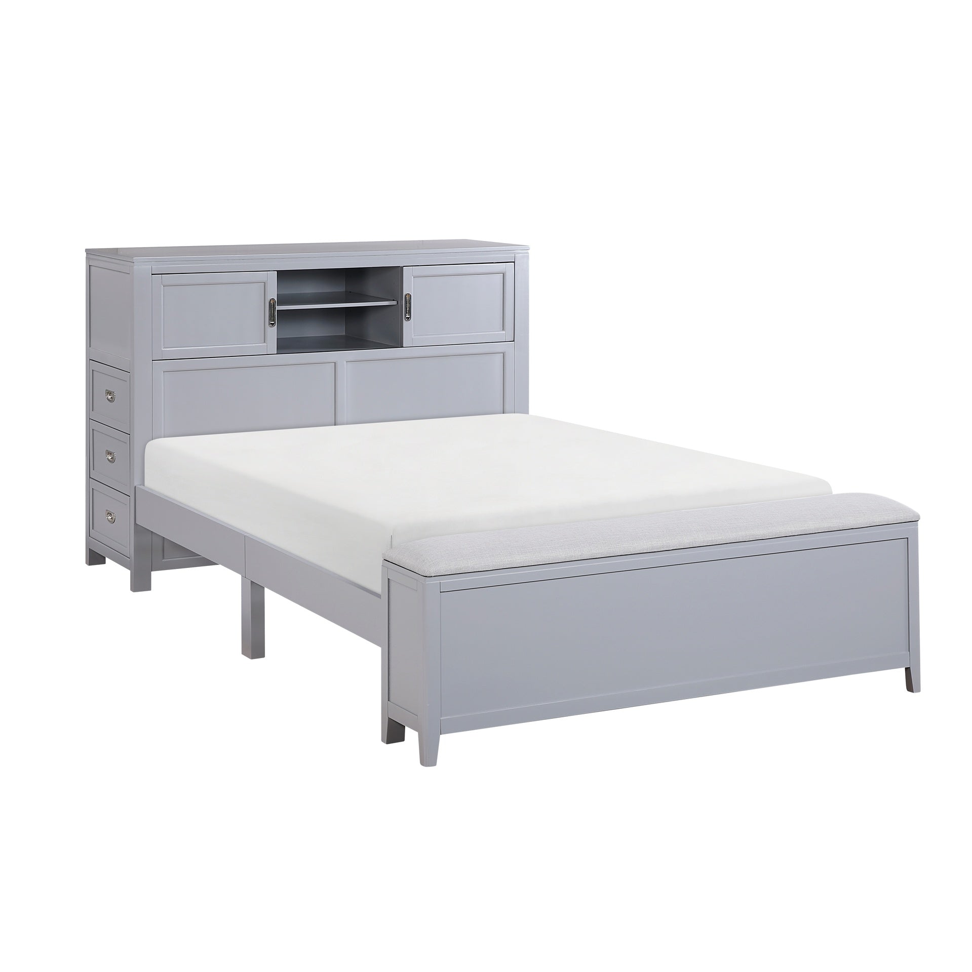 Gray Finish Full Platform Bed with Bookcase Headboard Drawers Hidden Desk Stool Footboard Storage Bench Bedroom Furniture 1pc