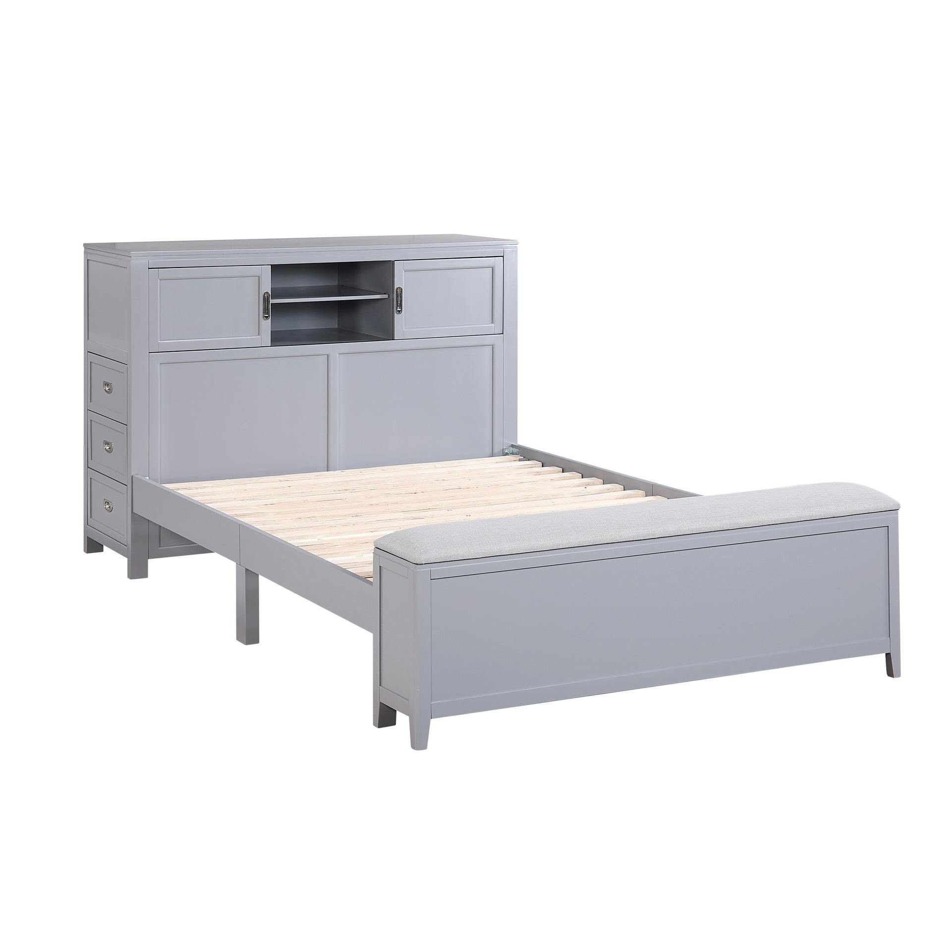 Gray Finish Full Platform Bed with Bookcase Headboard Drawers Hidden Desk Stool Footboard Storage Bench Bedroom Furniture 1pc