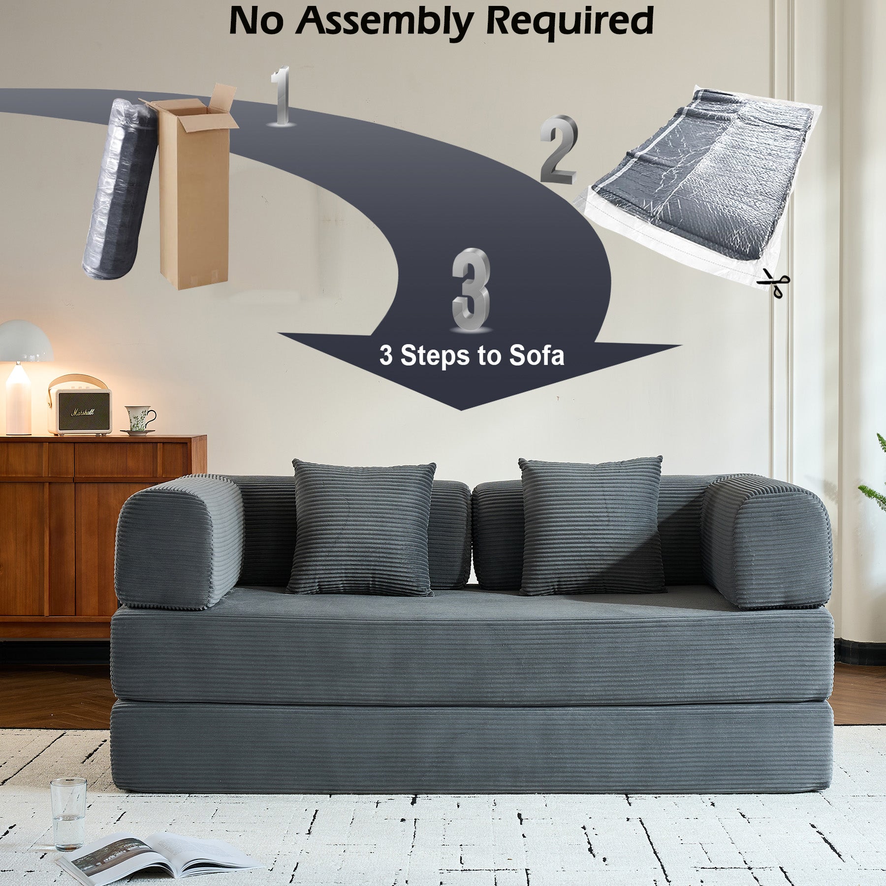 Convertible Sleeper Sofa Bed with Cylindrical Pillow, Corduroy Folding Mattress Couch with Fixed-Shape Frame, Floor Sofa Lounge Couch for Living Room Bedroom (Gray)