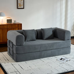 Convertible Sleeper Sofa Bed with Cylindrical Pillow, Corduroy Folding Mattress Couch with Fixed-Shape Frame, Floor Sofa Lounge Couch for Living Room Bedroom (Gray)