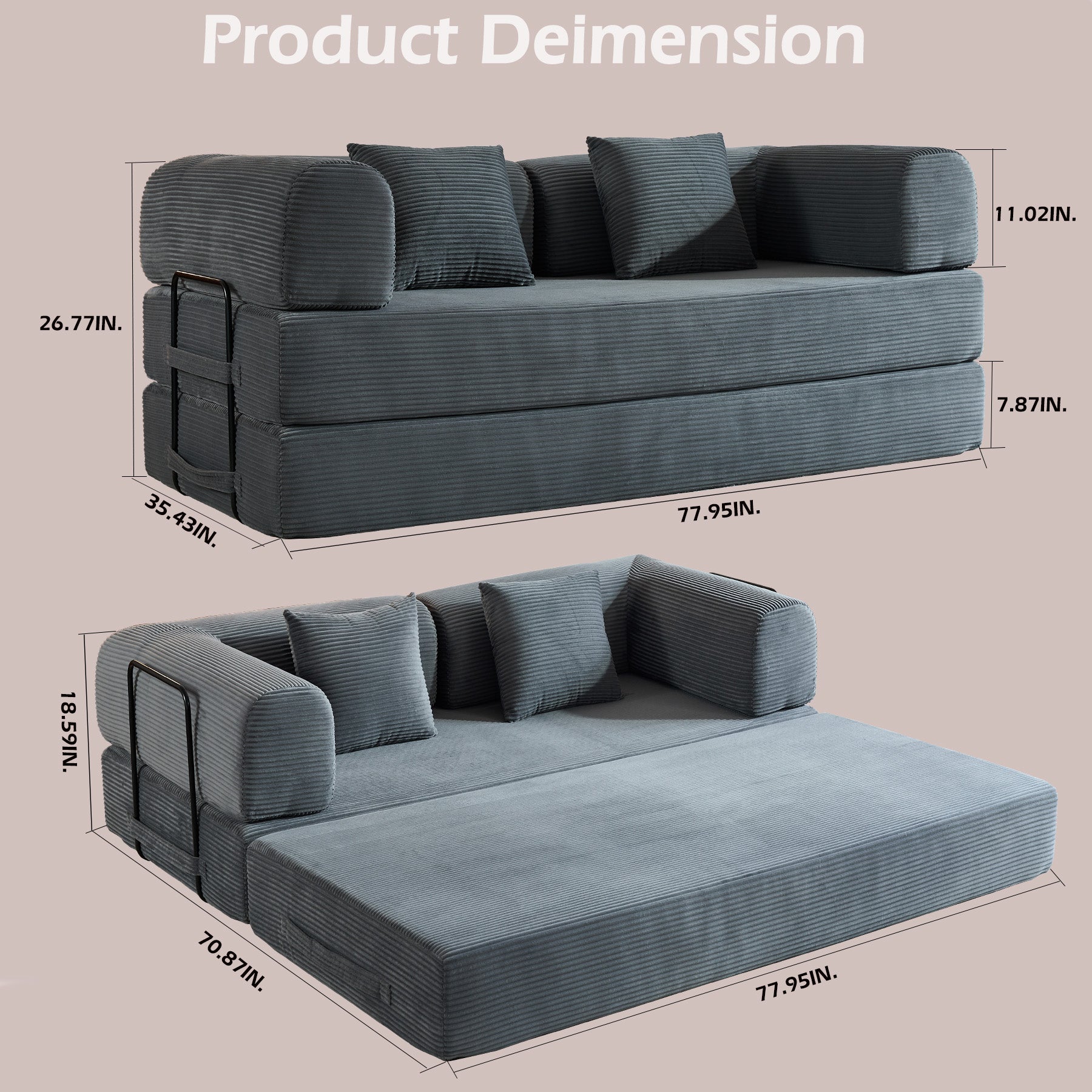 Convertible Sleeper Sofa Bed with Cylindrical Pillow, Corduroy Folding Mattress Couch with Fixed-Shape Frame, Floor Sofa Lounge Couch for Living Room Bedroom (Gray)