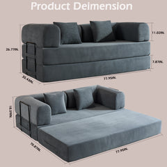 Convertible Sleeper Sofa Bed with Cylindrical Pillow, Corduroy Folding Mattress Couch with Fixed-Shape Frame, Floor Sofa Lounge Couch for Living Room Bedroom (Gray)