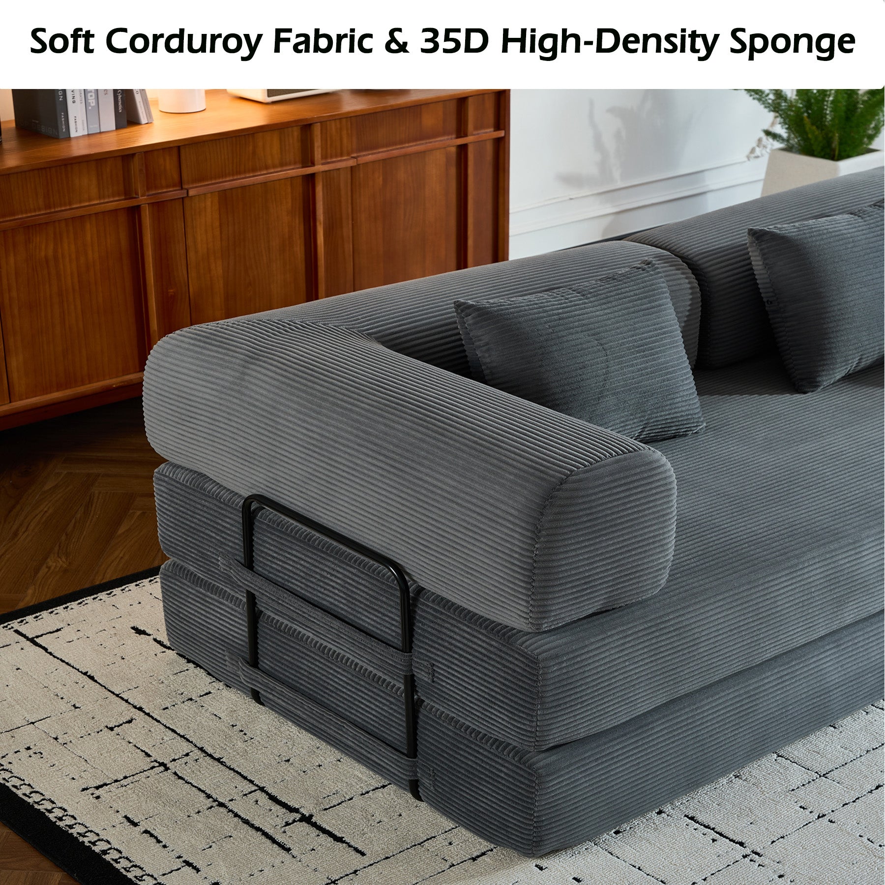 Convertible Sleeper Sofa Bed with Cylindrical Pillow, Corduroy Folding Mattress Couch with Fixed-Shape Frame, Floor Sofa Lounge Couch for Living Room Bedroom (Gray)