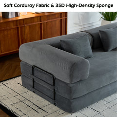 Convertible Sleeper Sofa Bed with Cylindrical Pillow, Corduroy Folding Mattress Couch with Fixed-Shape Frame, Floor Sofa Lounge Couch for Living Room Bedroom (Gray)