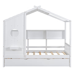 Wooden Twin Size House Bed With Trundle, Modern Design for Kids with Storage Shlef, White