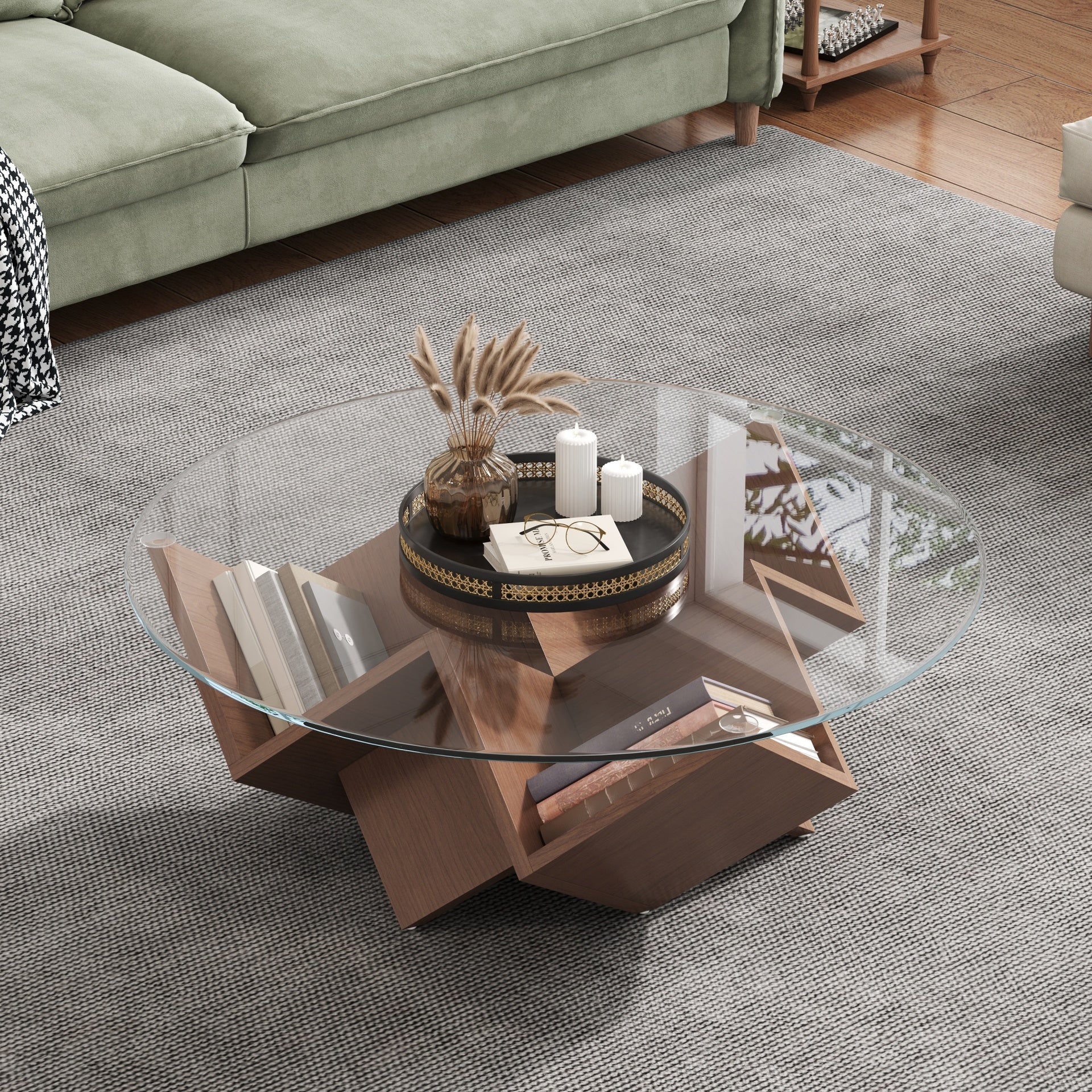 The Round Coffee Table with Glass Top and Geometric Abstract Art Deco Base Storage Shelves, Walnut, 35.4"