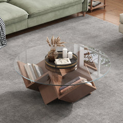The Round Coffee Table with Glass Top and Geometric Abstract Art Deco Base Storage Shelves, Walnut, 35.4"