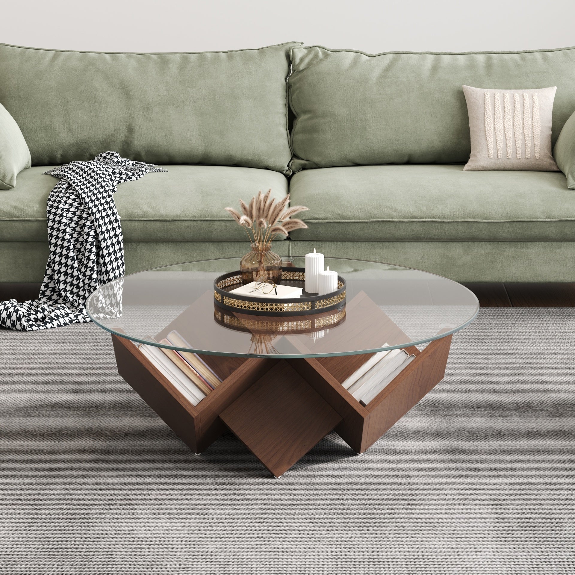 The Round Coffee Table with Glass Top and Geometric Abstract Art Deco Base Storage Shelves, Walnut, 35.4"