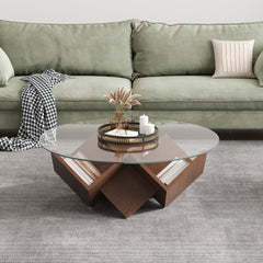 The Round Coffee Table with Glass Top and Geometric Abstract Art Deco Base Storage Shelves, Walnut, 35.4"